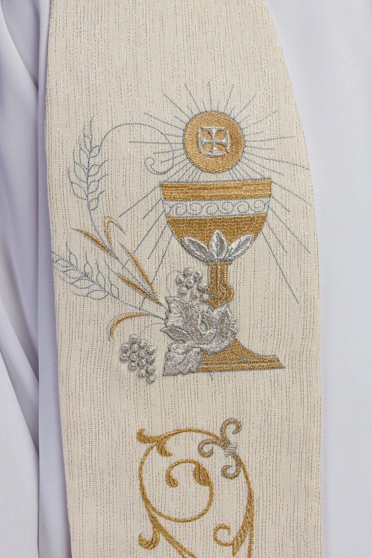 Priesterstola mit gesticktem IHS und Abendmahlskelch ecru - MESSGEWANDER.DE