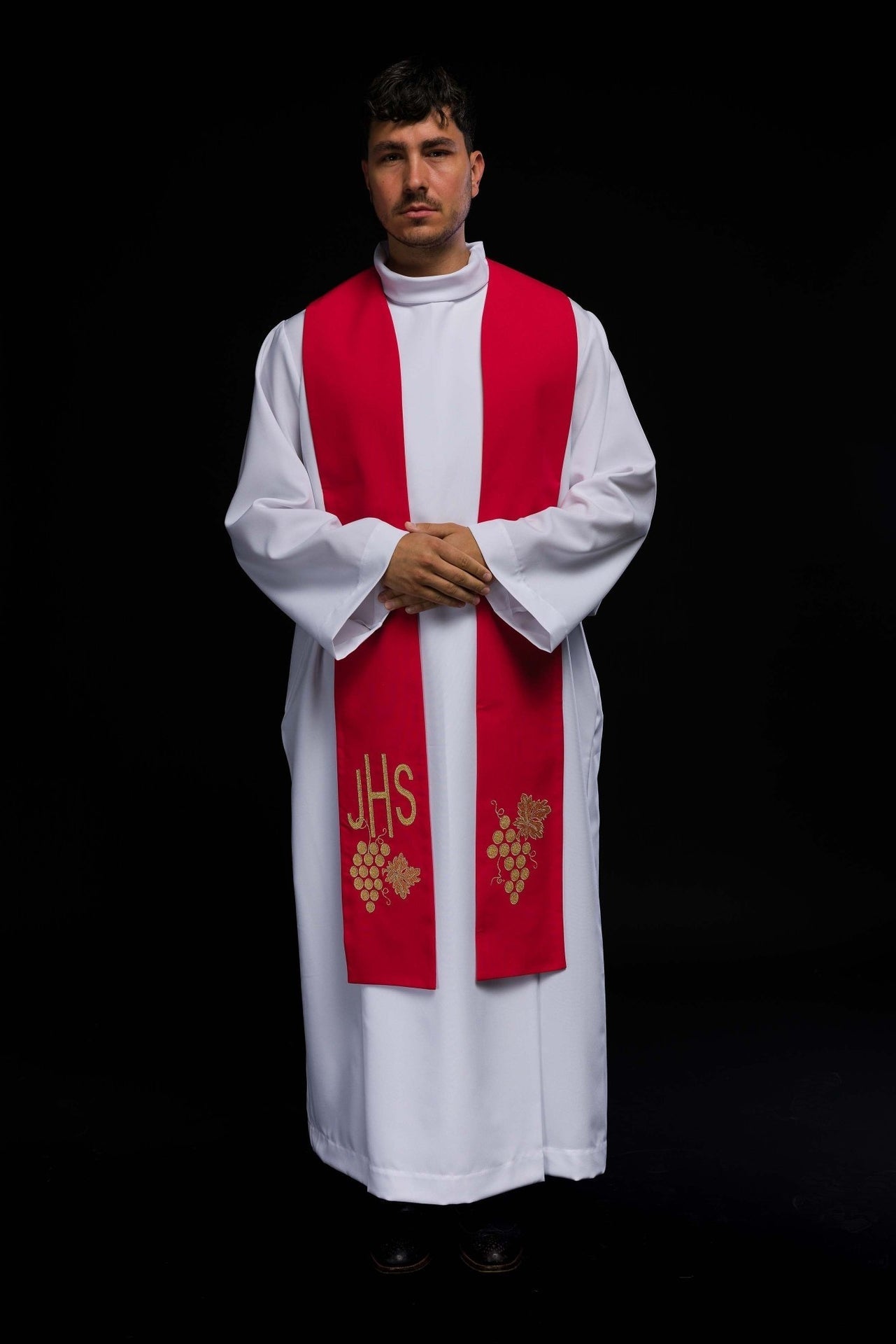 Priesterstola rot bestickt IHS mit Trauben - MESSGEWANDER.DE