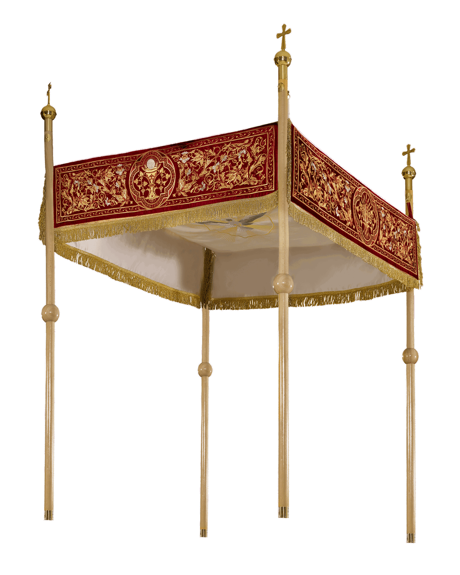 Prozessionshimmel bordeauxrot, Stickerei Herz Jesu, Kelch und Chi-Rho, 140×160 cm - MESSGEWANDER.DE
