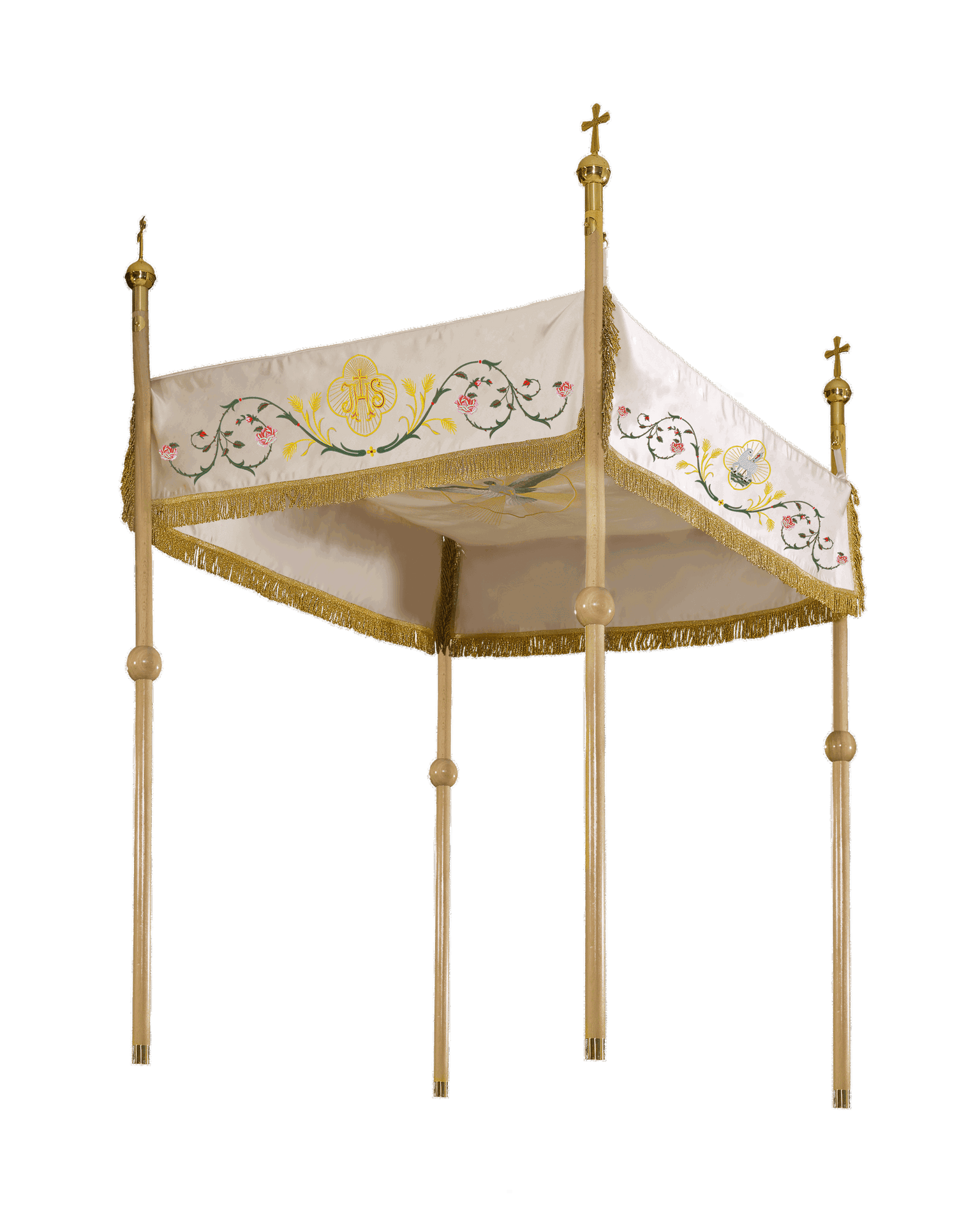 Prozessionshimmel ecru zu Fronleichnam, Stickerei Lamm Gottes und IHS, 130×160 cm - MESSGEWANDER.DE