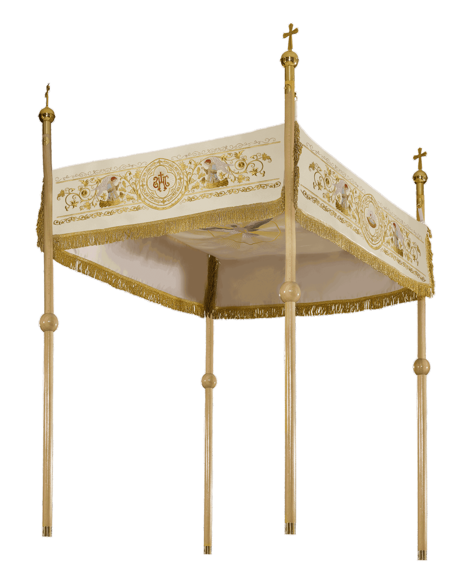 Prozessionshimmel ecru zu Fronleichnam, Stickerei Pelikan und Kelch, 130×160 cm - MESSGEWANDER.DE
