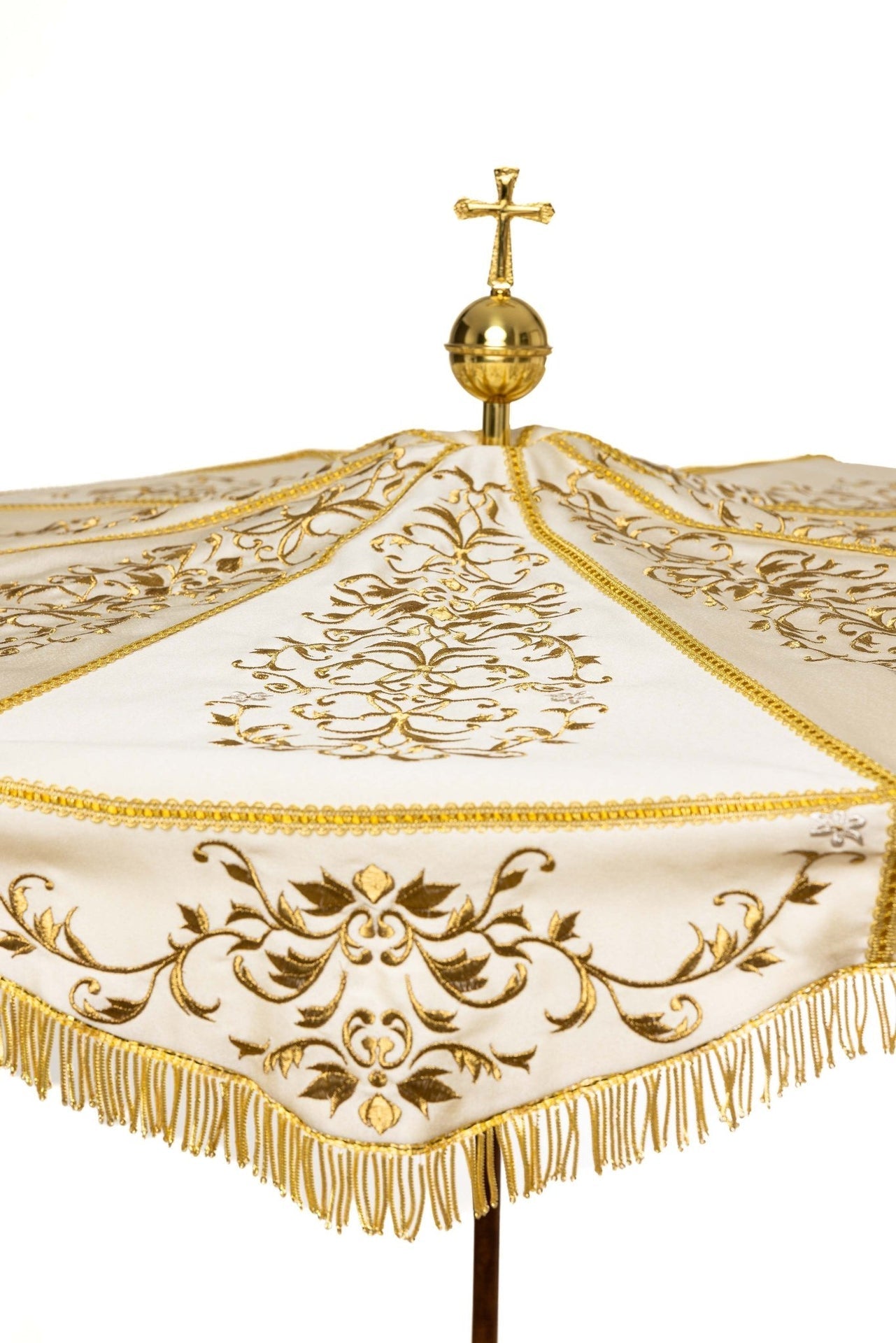 Prozessionsschirm ecru mit goldenem Ornament zu Fronleichnam - MESSGEWANDER.DE