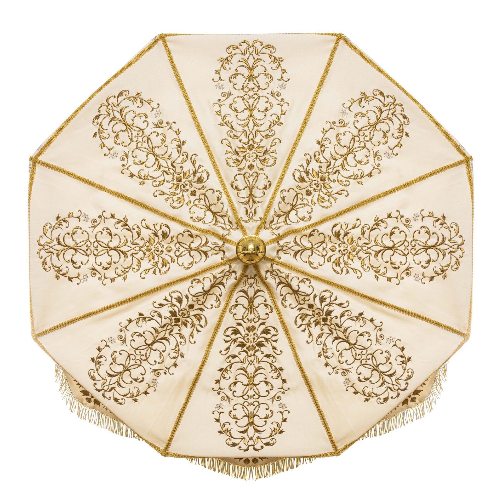 Prozessionsschirm ecru mit goldenem Ornament zu Fronleichnam - MESSGEWANDER.DE
