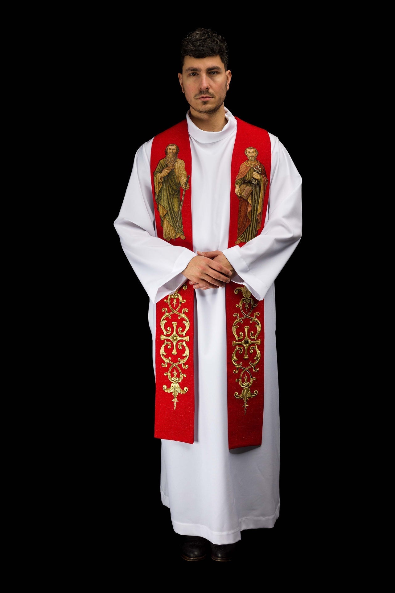 Reich bestickte Stola mit der Darstellung der Heiligen Petrus und Paulus - MESSGEWANDER.DE