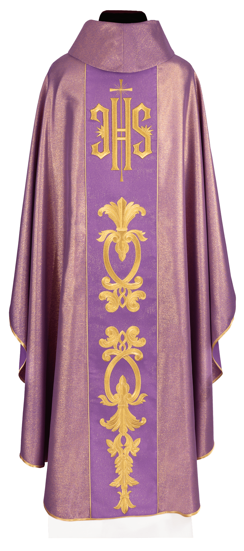Reich verzierte violette Kasel mit goldenem Motiv und breitem IHS-Band - MESSGEWANDER.DE