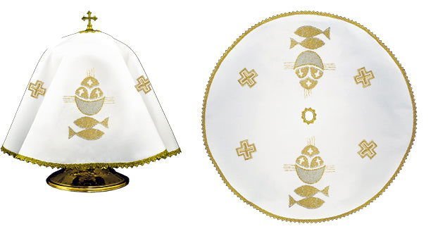 Runder Zinnschleier mit goldenem Fischmotiv - MESSGEWANDER.DE