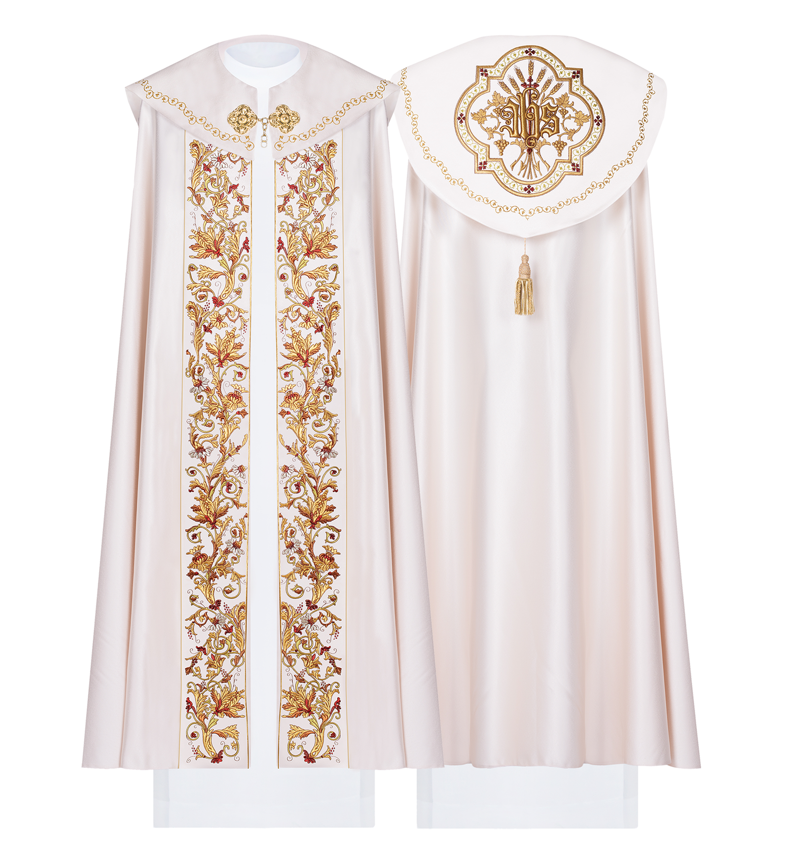 Liturgischer Umhang aus ecrufarbenem Satin mit goldener Stickerei IHS