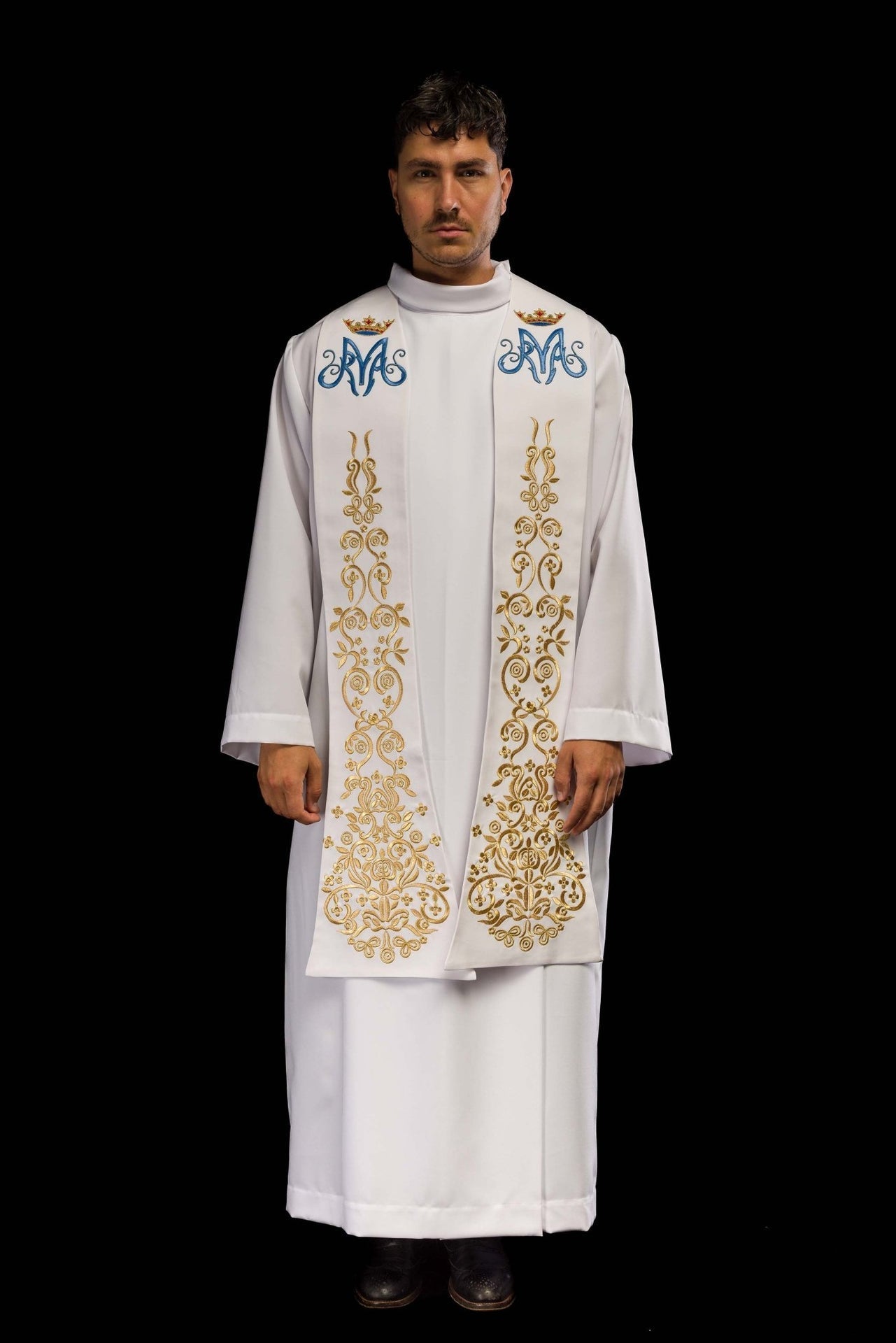 Stola des Priesters weiß gesticktes Marienmotiv mit Krone - MESSGEWANDER.DE