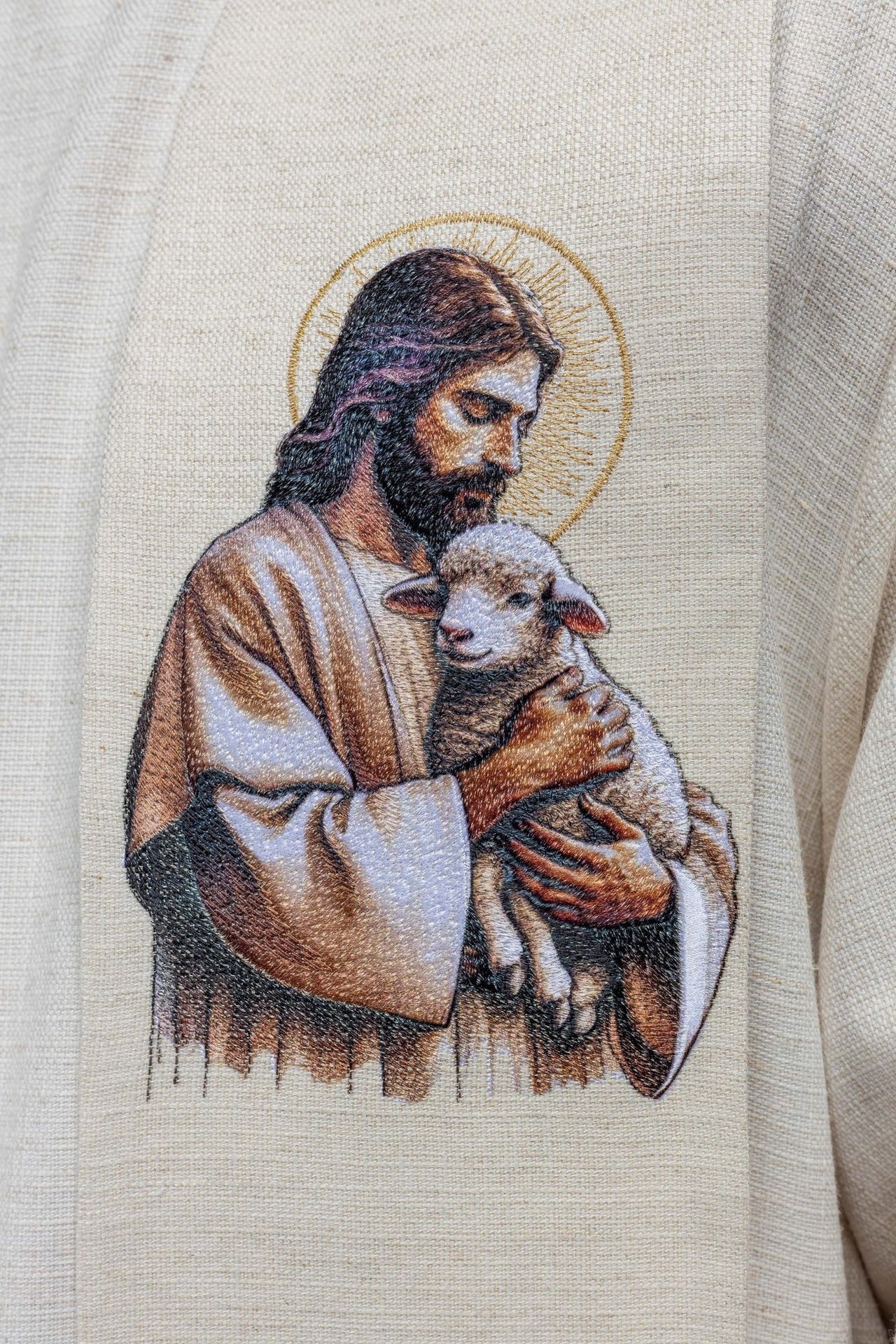 Stola mit dem Bild von Jesus, dem guten Hirten, und einem Lamm - MESSGEWANDER.DE