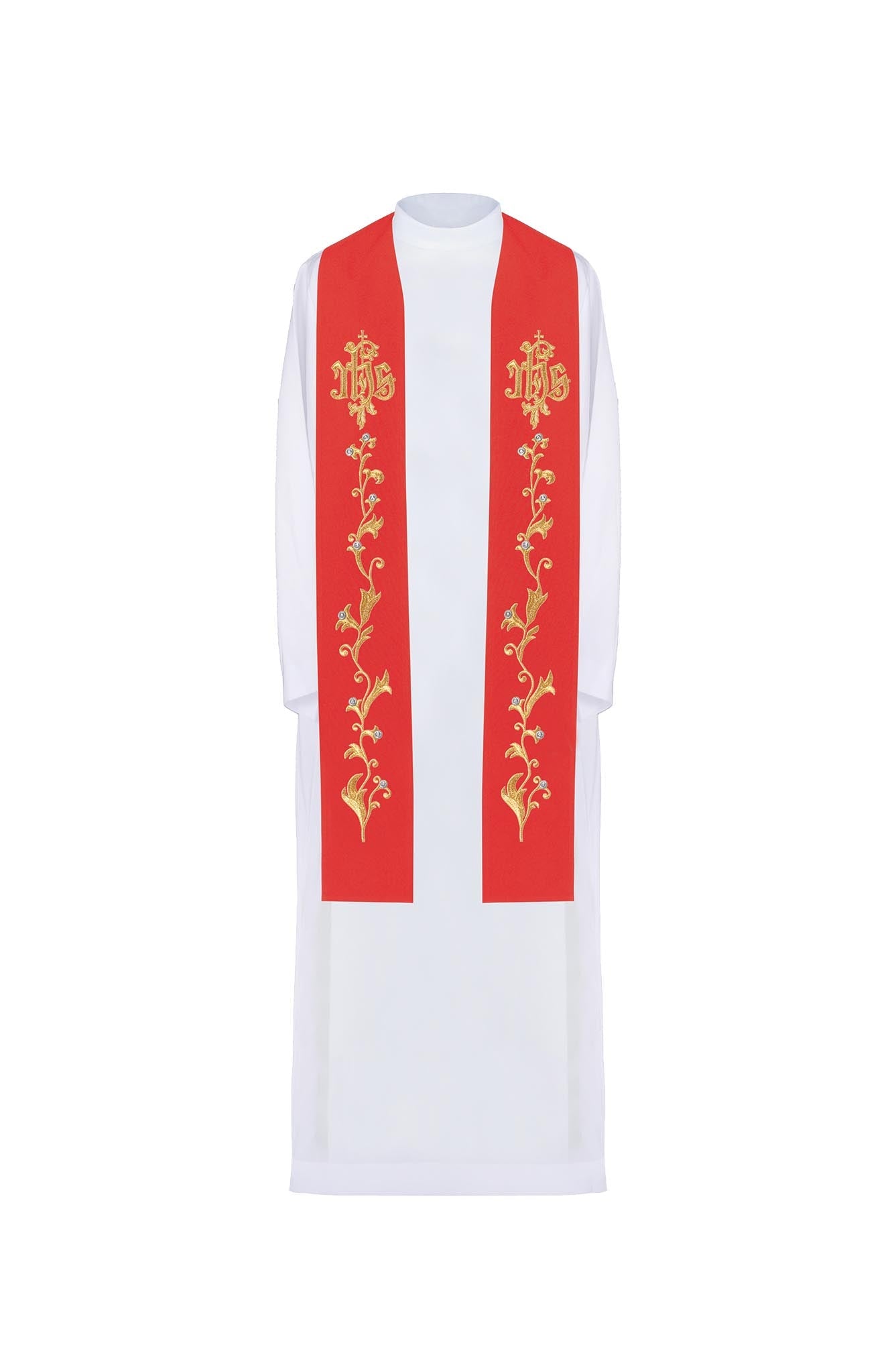 Priesterstola rot bestickt IHS auf dem Kreuz