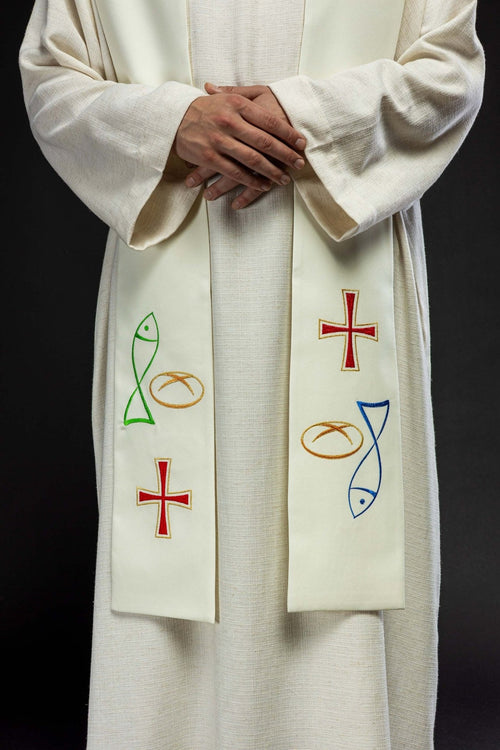 Stuła kapłańska haftowana Ryba Chleb Krzyż w kolorze ecru