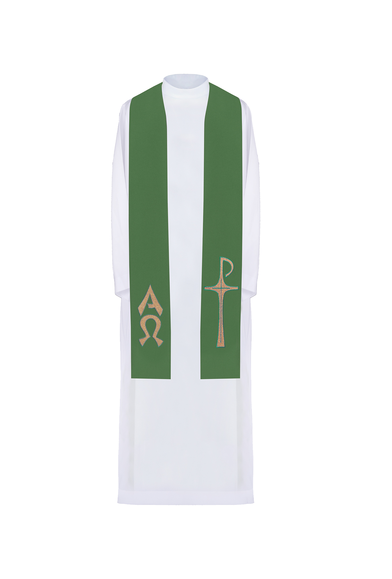 Bestickte Priesterstola mit Alpha und Omega Motiv in Grün