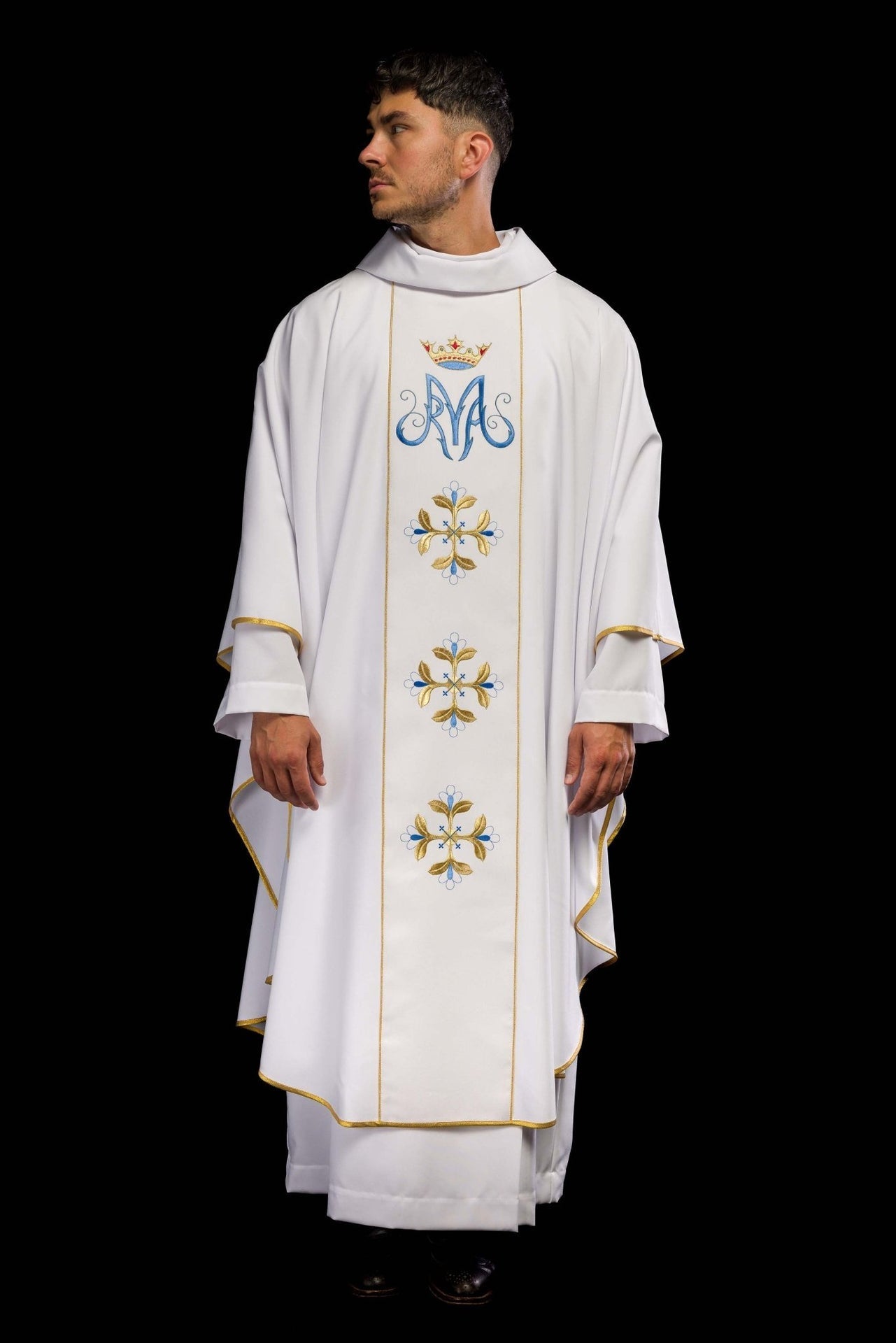 Weißes marianisches liturgisches Messgewand mit Gürtel - MESSGEWANDER.DE